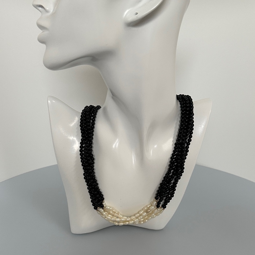 14k GF Black Onix and Cream Fresh water Pearls Beaded Necklace​